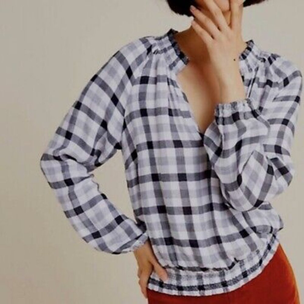 Women's Cloth & Stone Anthropologie Black/White Checked Cropped Top - SMALL - Picture 3 of 13